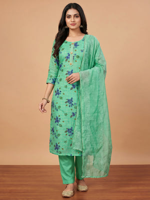 Green Floral Printed Chanderi Dress Material - Image 1