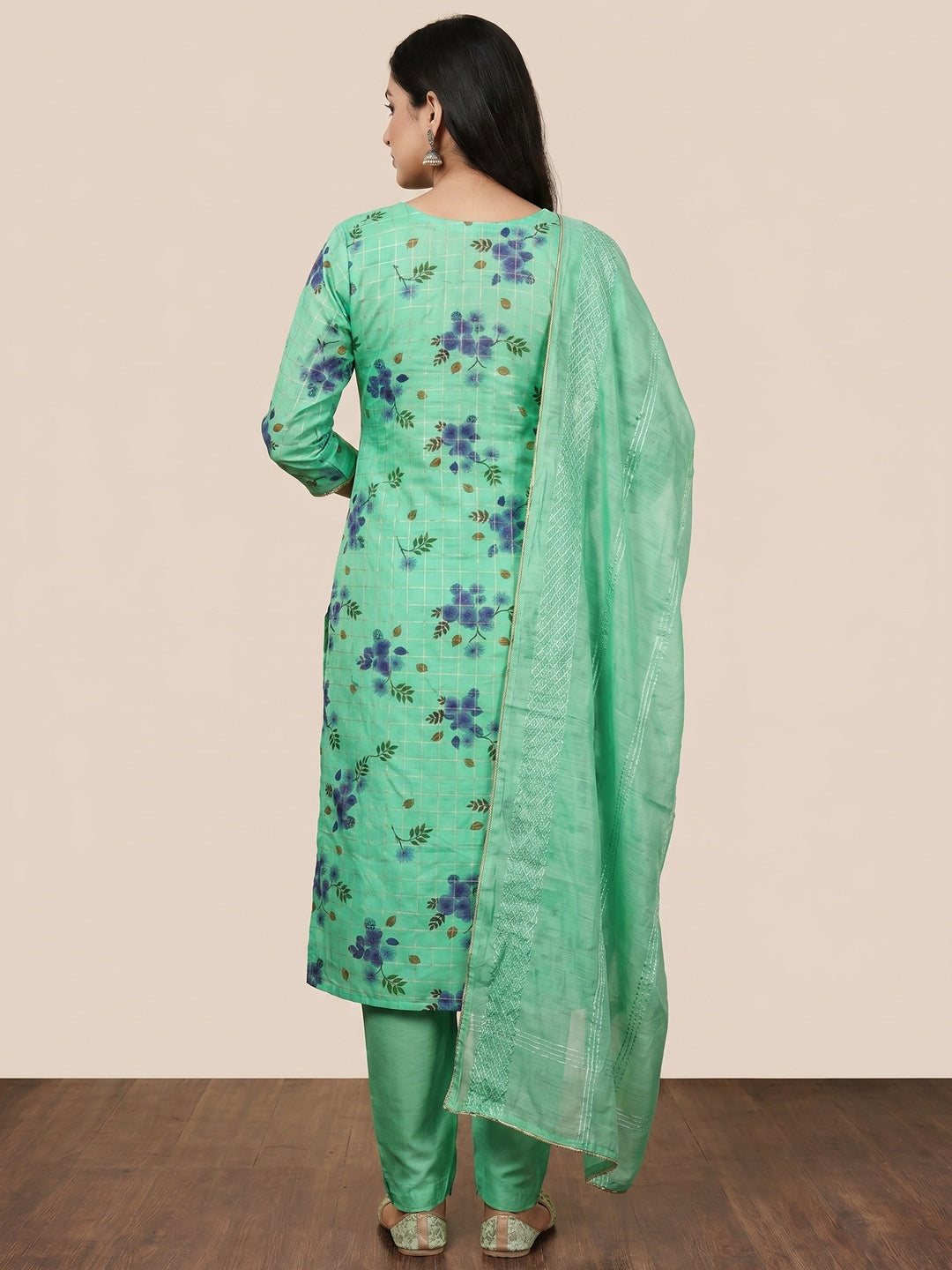 Green Floral Printed Chanderi Dress Material - Image 3