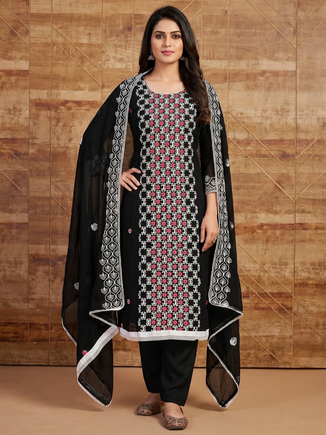 Black Embroidered Georgette Dress Material - Image 1