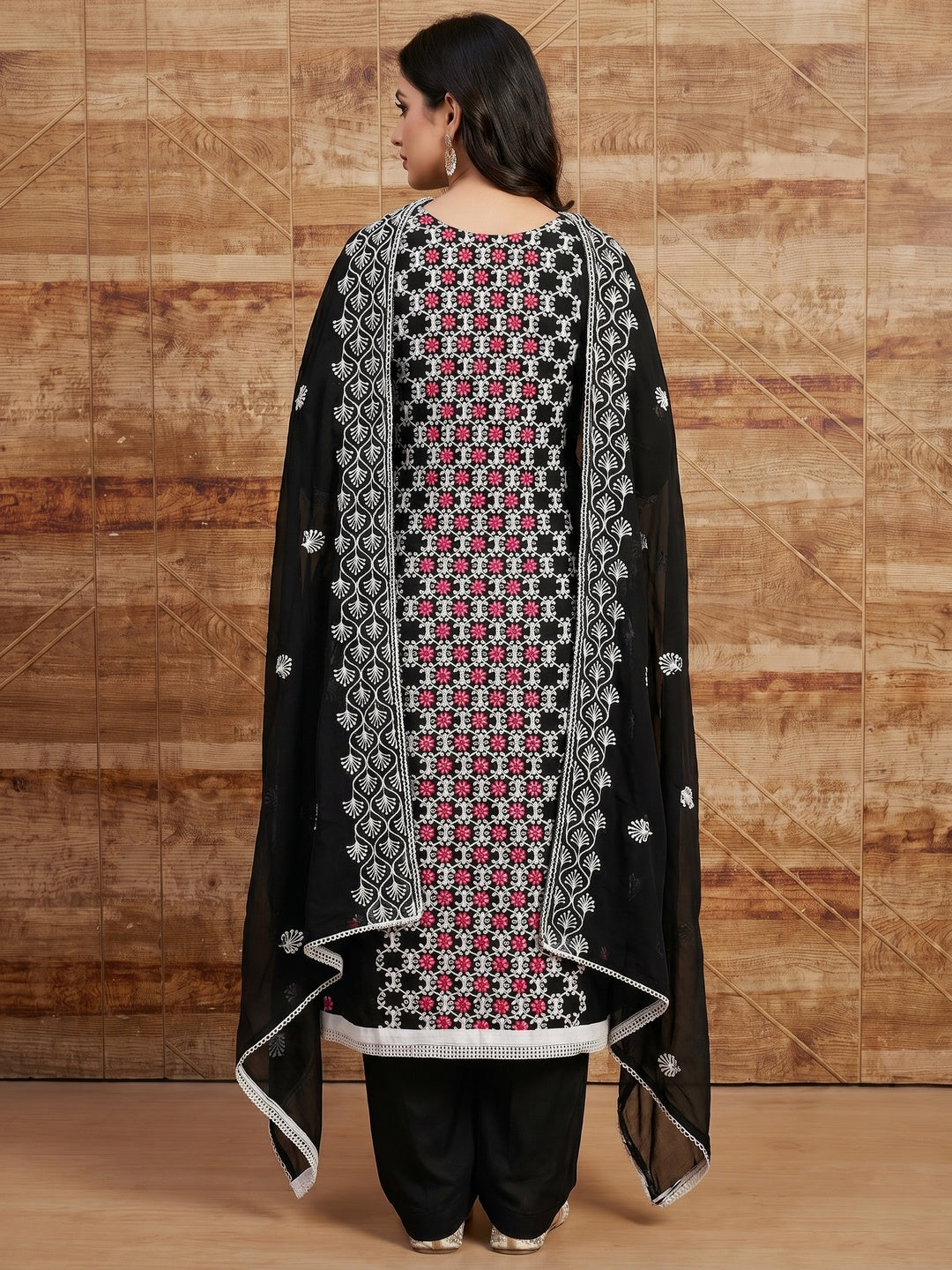 Black Embroidered Georgette Dress Material - Image 2