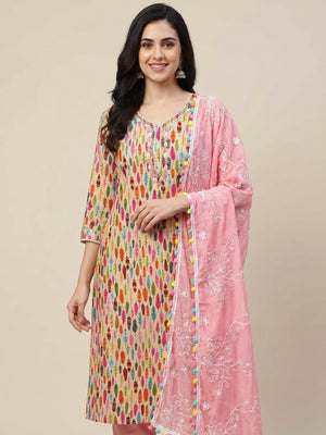 Chikoo Printed With Handwork Pure Cotton Dress Material - Image 1