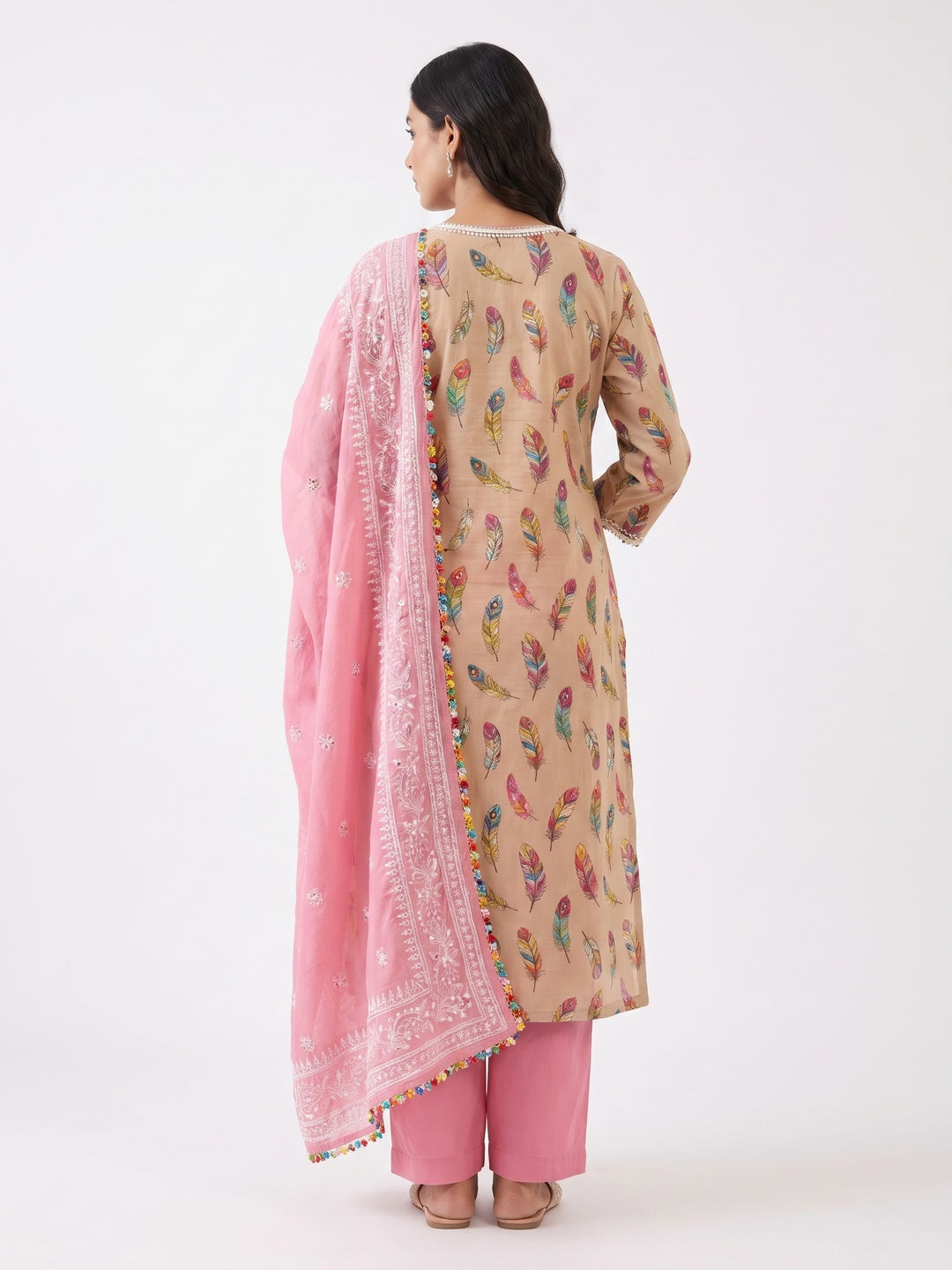 Chikoo Printed With Handwork Pure Cotton Dress Material - Image 2
