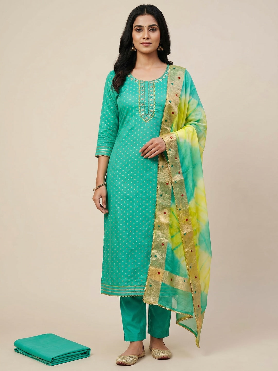 Rama Green Woven With Handwork Modal Dress Material - Image 1