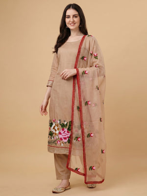 Beige Floral Embroidered Modal Dress Material - Image 1