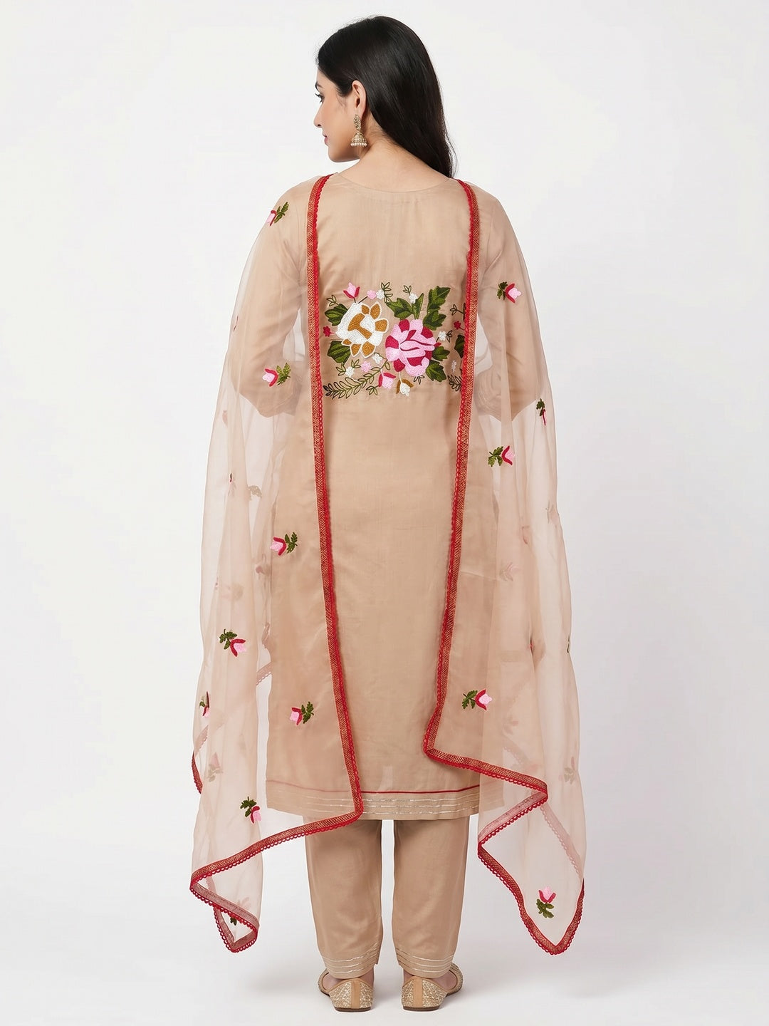 Beige Floral Embroidered Modal Dress Material - Image 2