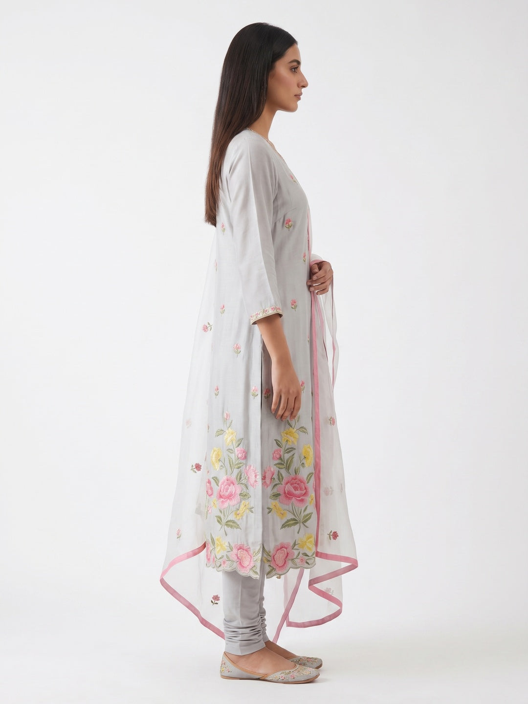 Light Grey Floral Embroidered Modal Dress Material - Image 3