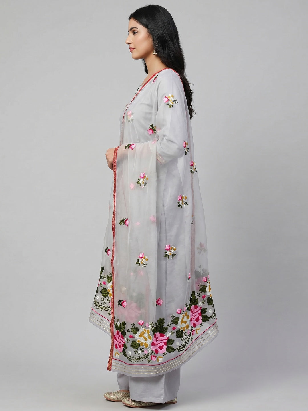 Grey Floral Embroidered Modal Dress Material - Image 2