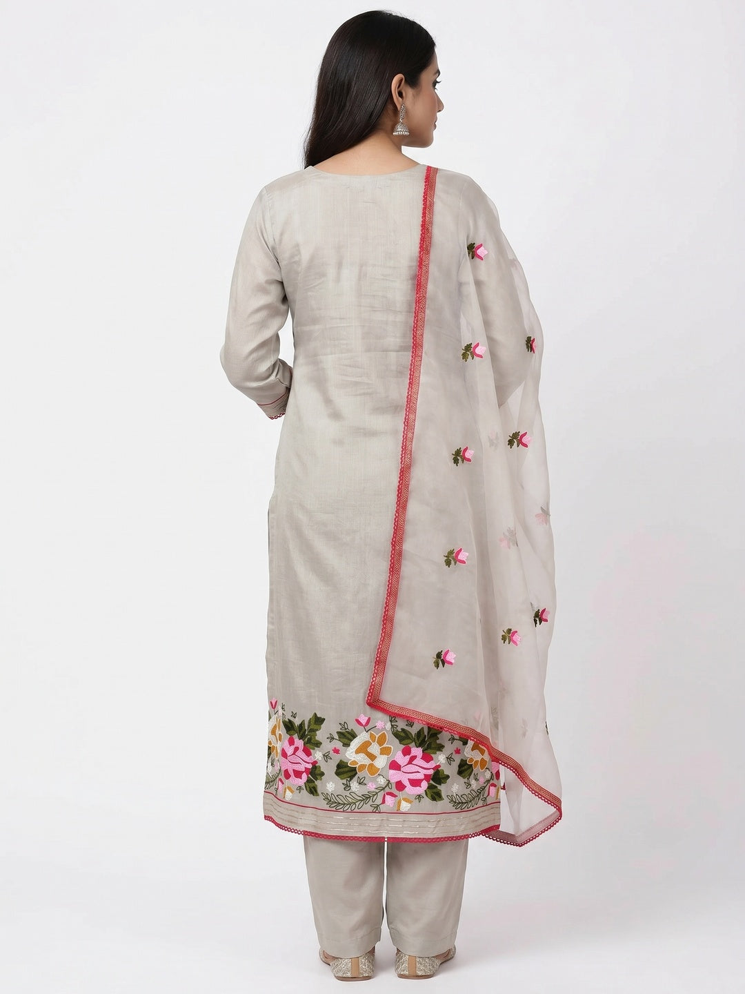Light Grey Floral Embroidered Modal Dress Material - Image 2