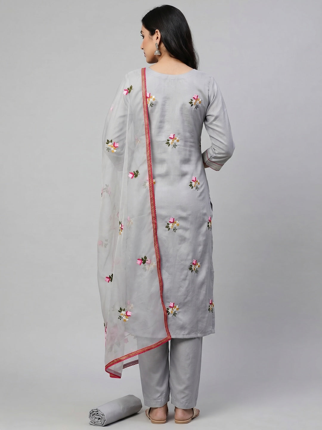 Grey Floral Embroidered Modal Dress Material - Image 3