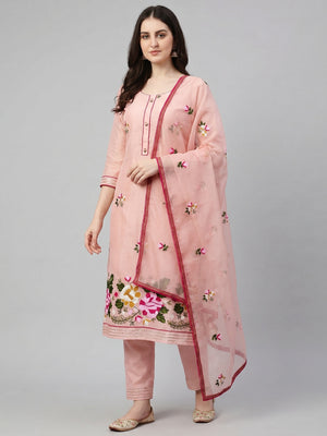 Peach Floral Embroidered Modal Dress Material - Image 1