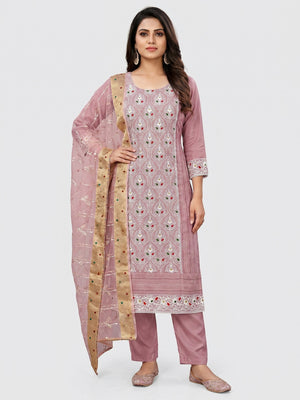 Mauve Floral Embroidered Modal Dress Material - Image 1