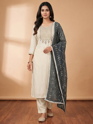 Cream Floral Embroidered Modal Dress Material - Image 1