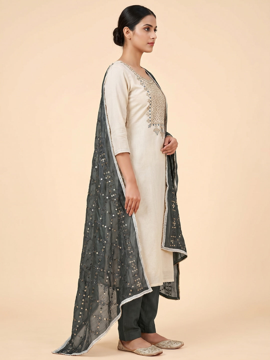 Cream Floral Embroidered Modal Dress Material - Image 2