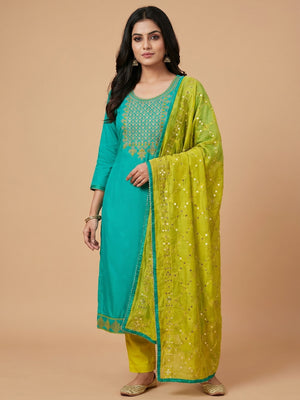 Turquoise Floral Embroidered Modal Dress Material - Image 1