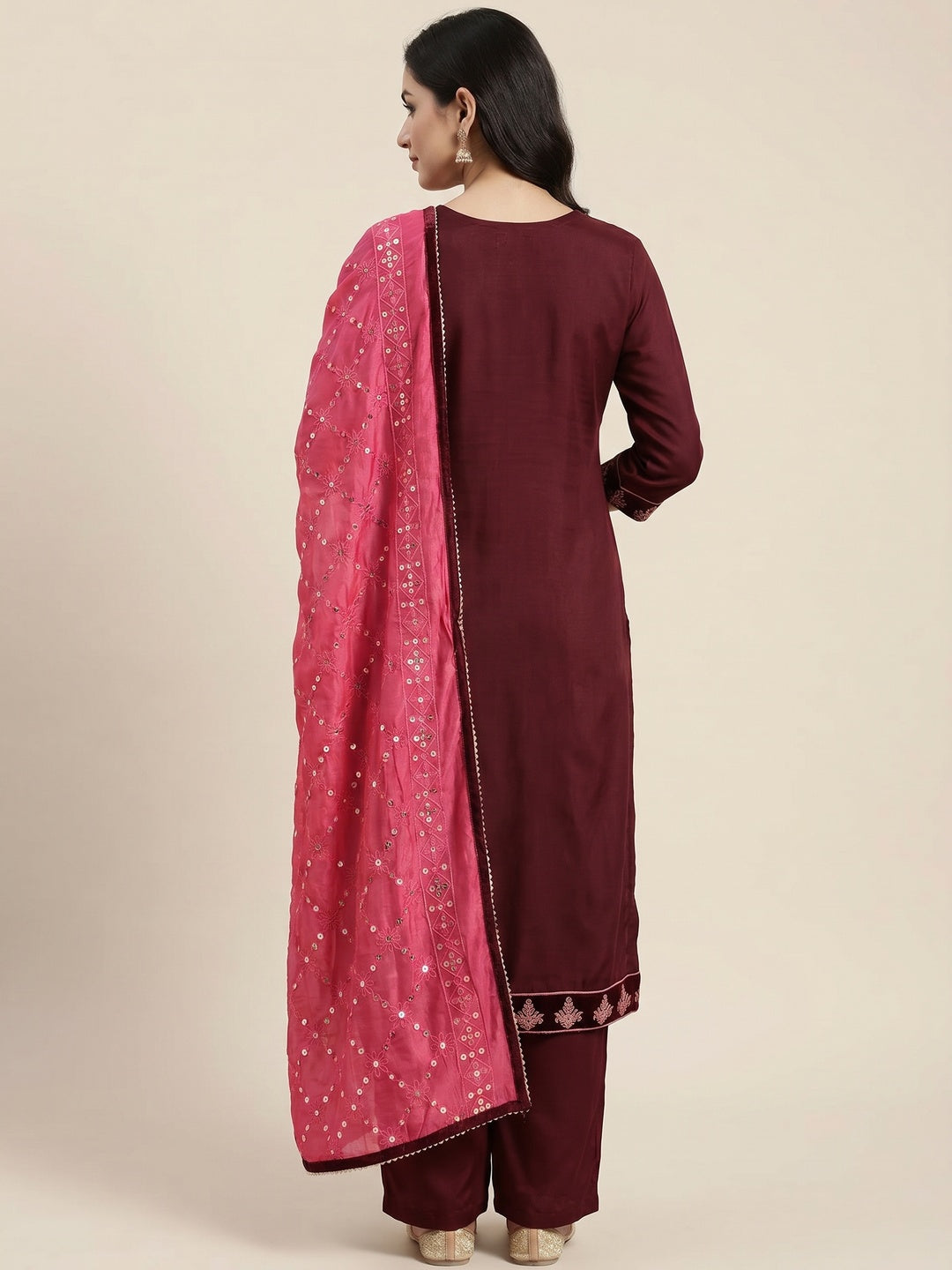 Maroon Floral Embroidered Modal Dress Material - Image 4