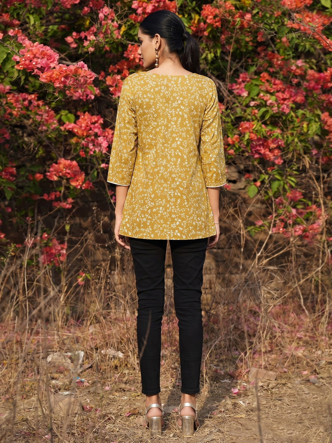 Mustard Floral Printed Cotton Blend Top - Image 1