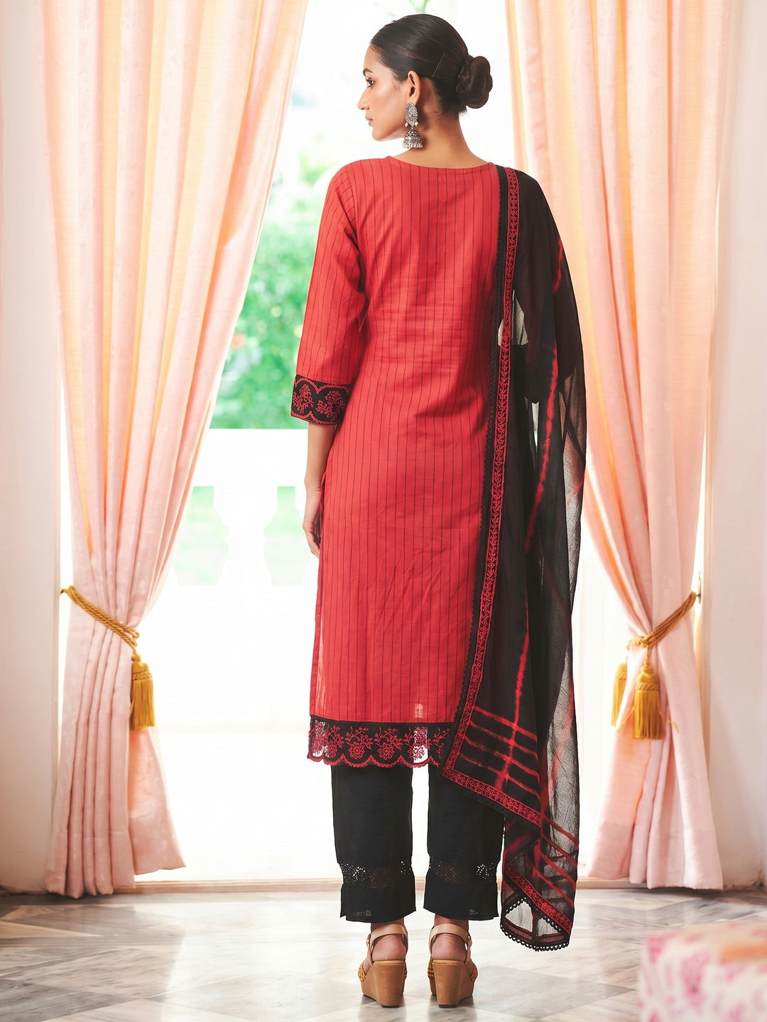 Red Striped Printed Pure Cotton Salwar Suit - Image 1