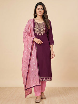 Wine Floral Embroidered Modal Dress Material - Image 1