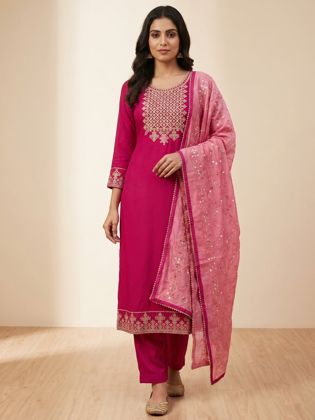 Pink Floral Embroidered Modal Dress Material - Image 1