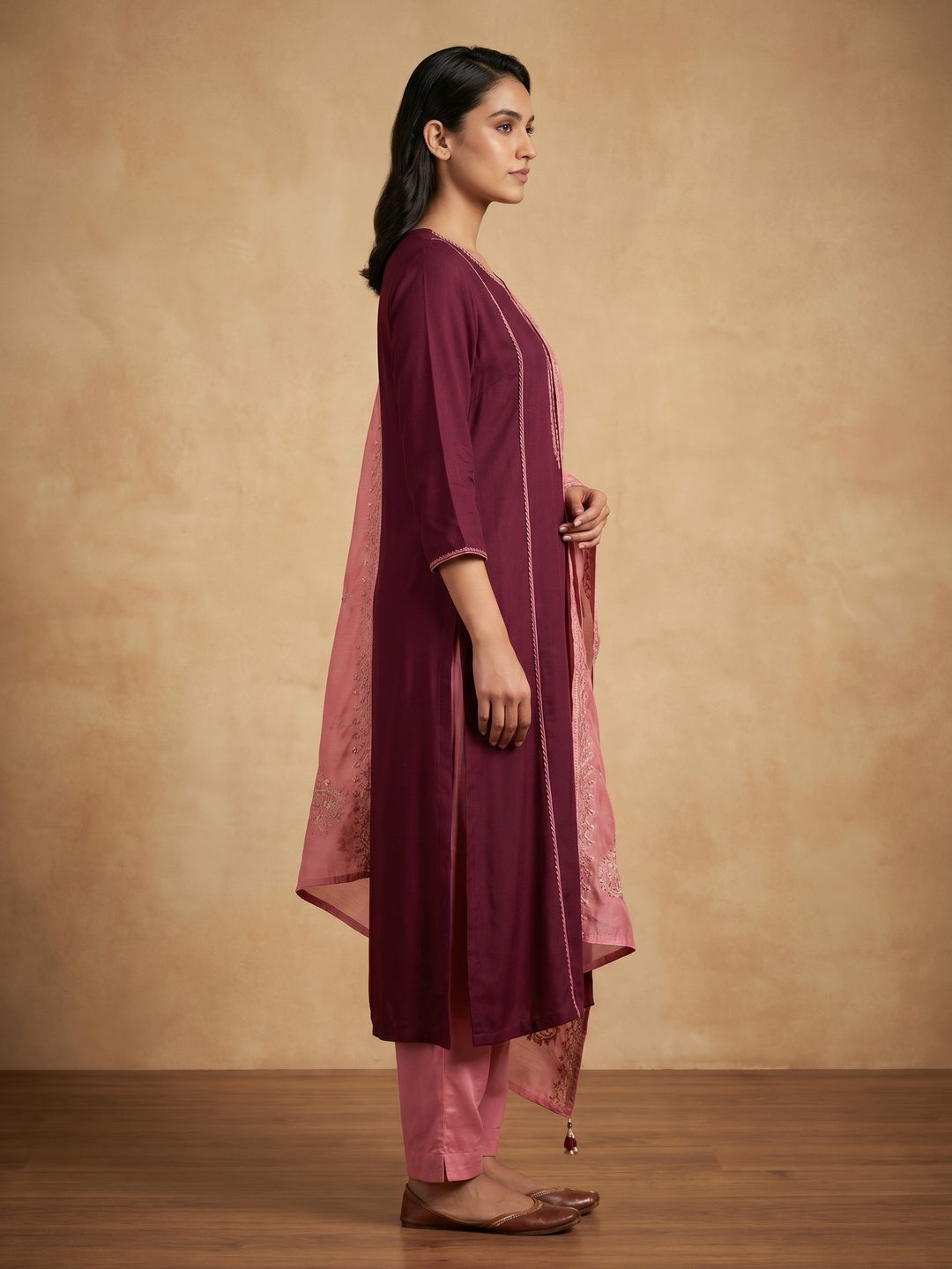 Wine Floral Embroidered Modal Dress Material - Image 3