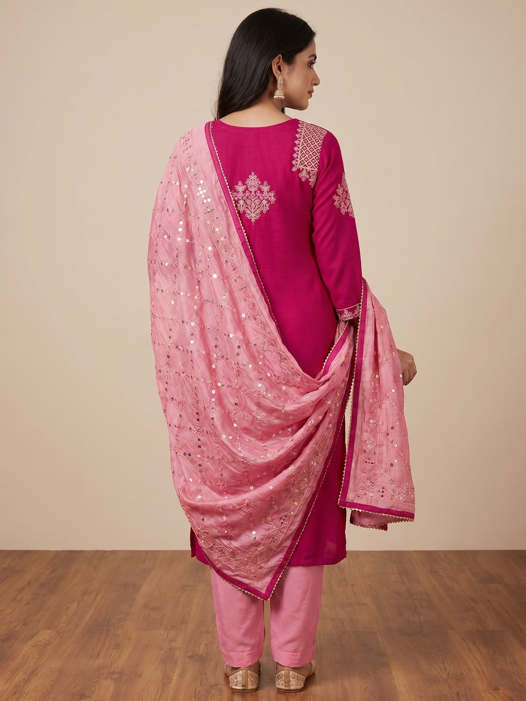 Pink Floral Embroidered Modal Dress Material - Image 2