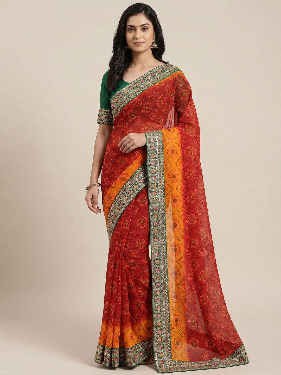 Red Printed With Embroidered Georgette Saree - Image 1