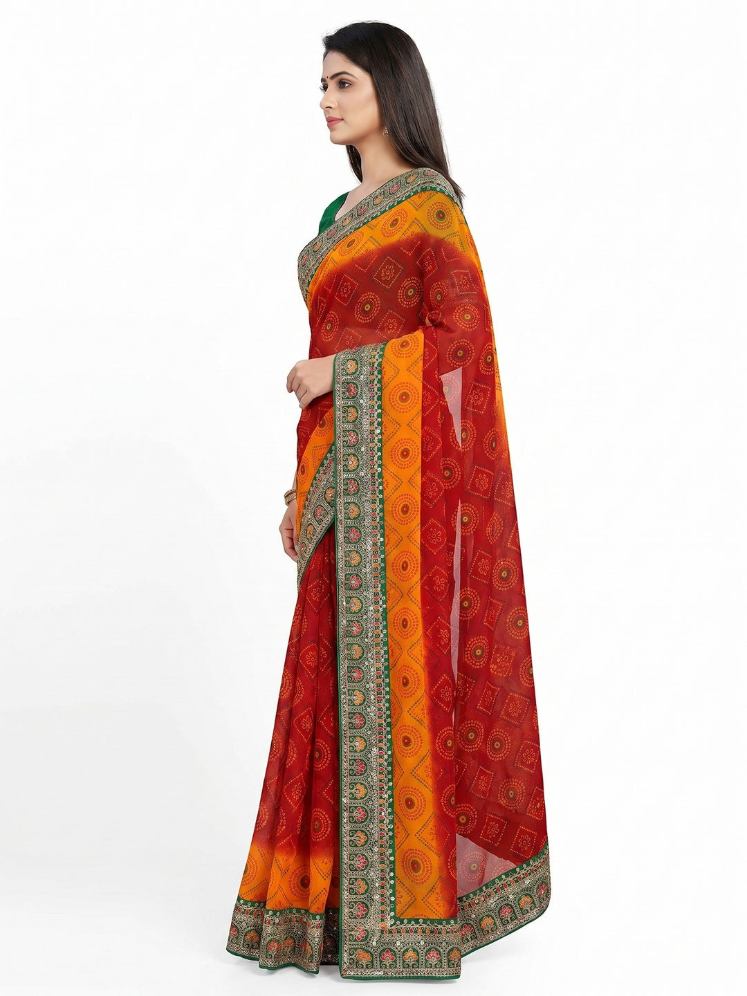 Red Printed With Embroidered Georgette Saree - Image 2