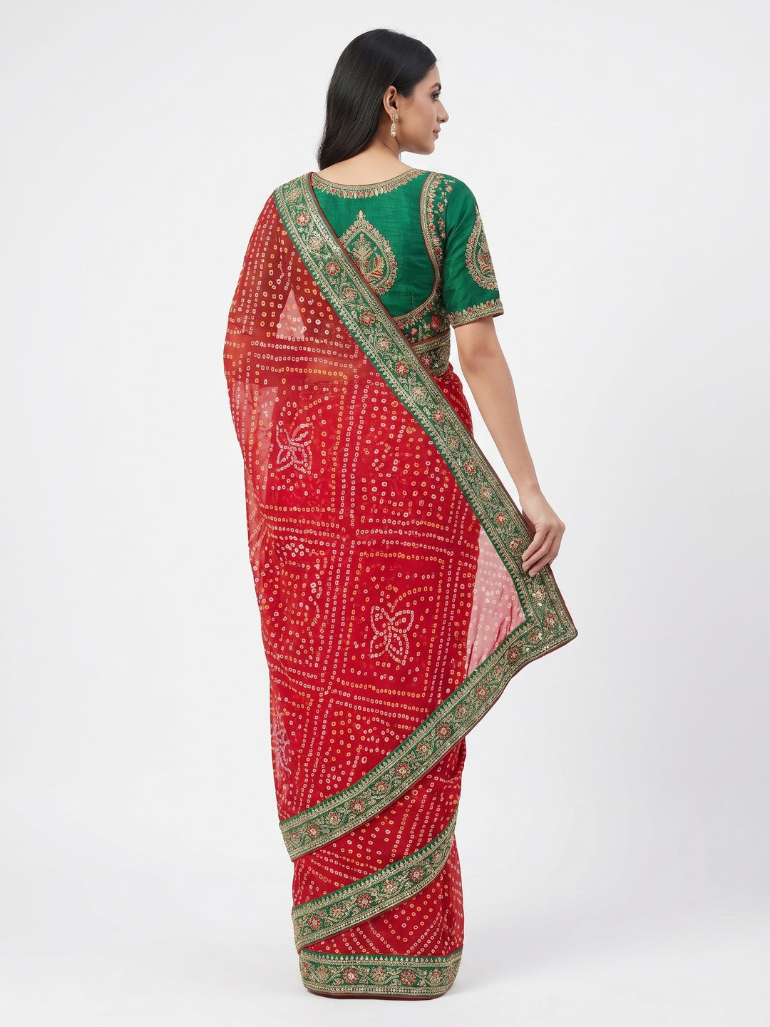 Red Printed With Embroidered Georgette Saree - Image 3