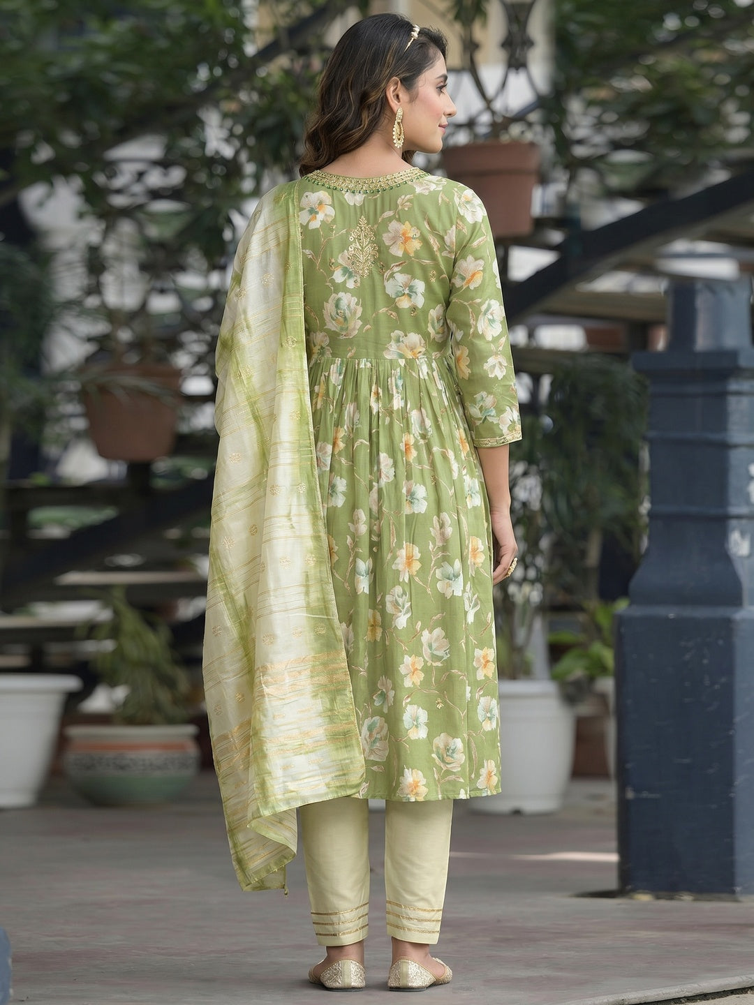 Green Floral Printed Modal Anarkali Salwar Suit - Image 1