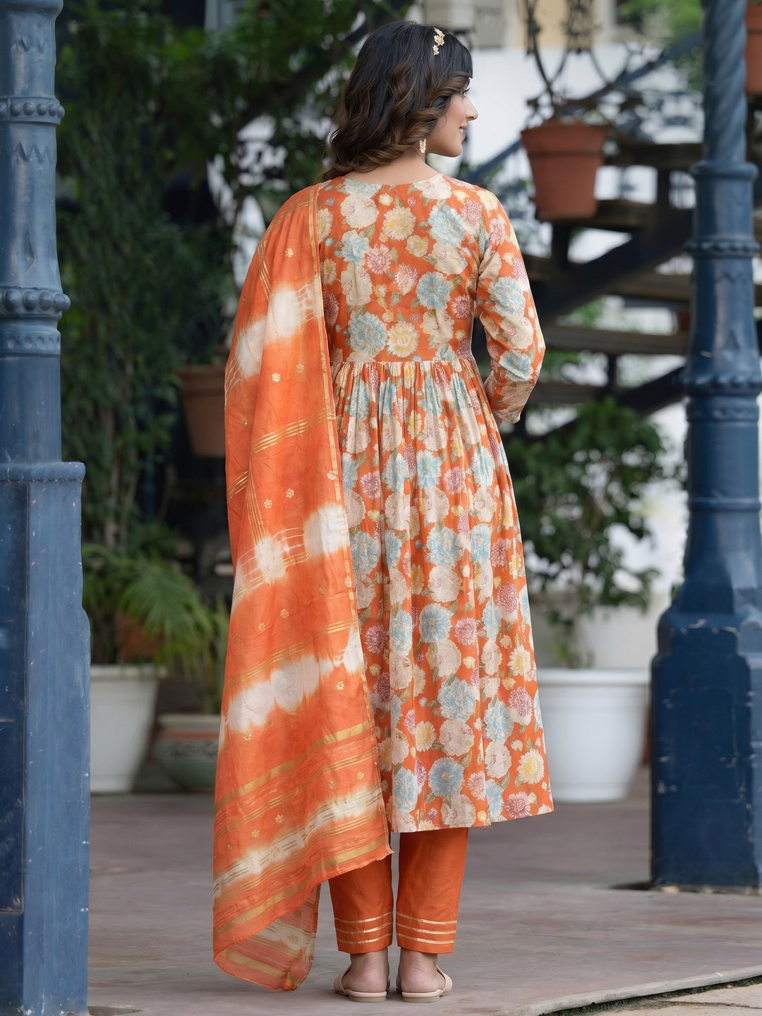 Orange Floral Printed Modal Anarkali Salwar Suit - Image 1