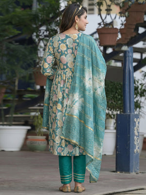 Rama Green Floral Printed Modal Anarkali Salwar Suit - Image 1