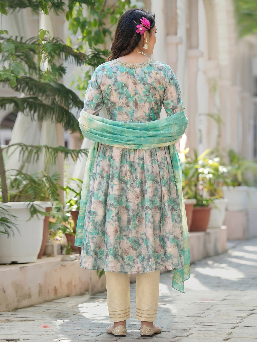 Turquoise Floral Printed Modal Anarkali Salwar Suit - Image 1