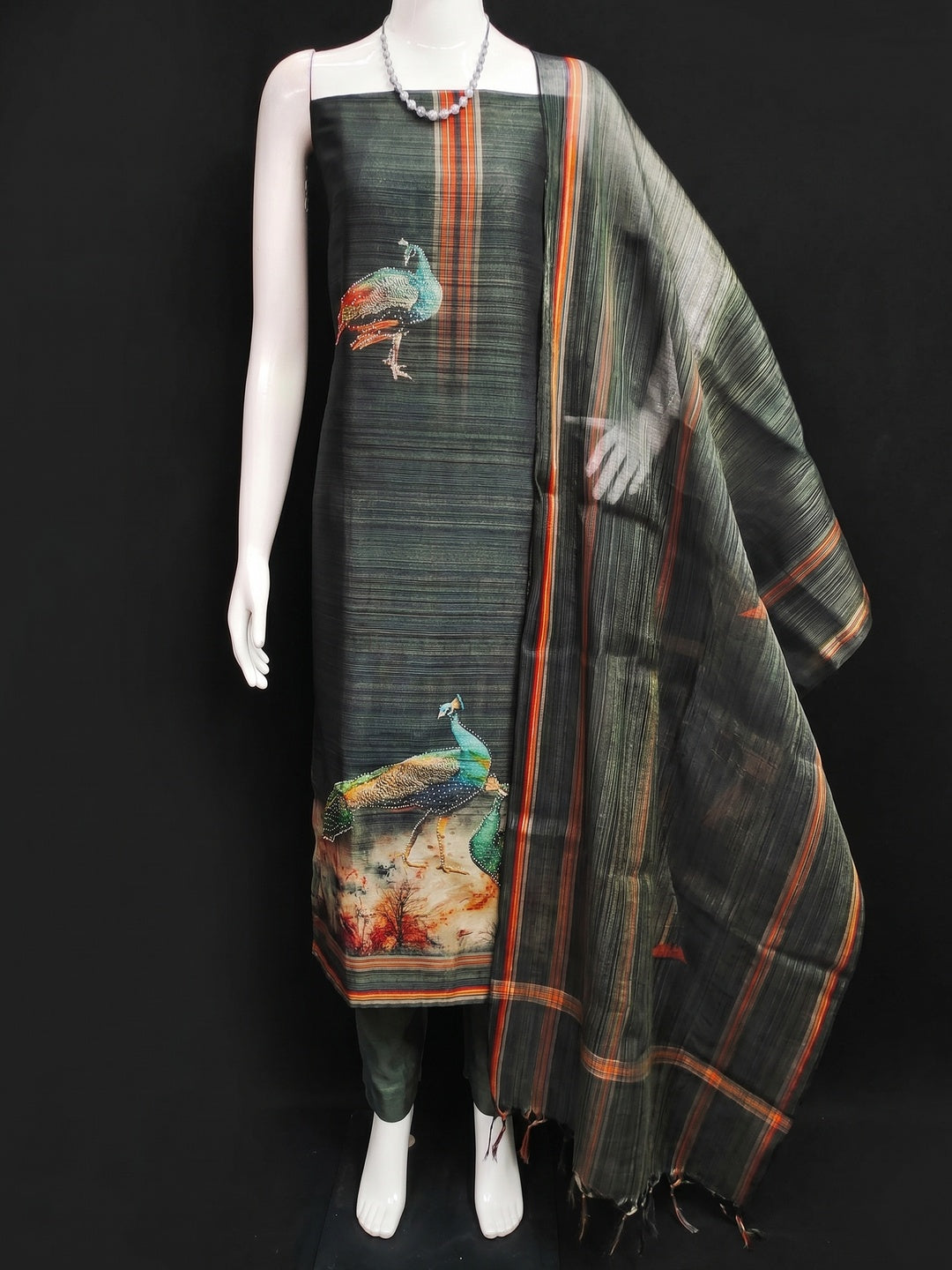 Grey Digital Printed Tussar Silk Dress Material - Image 1