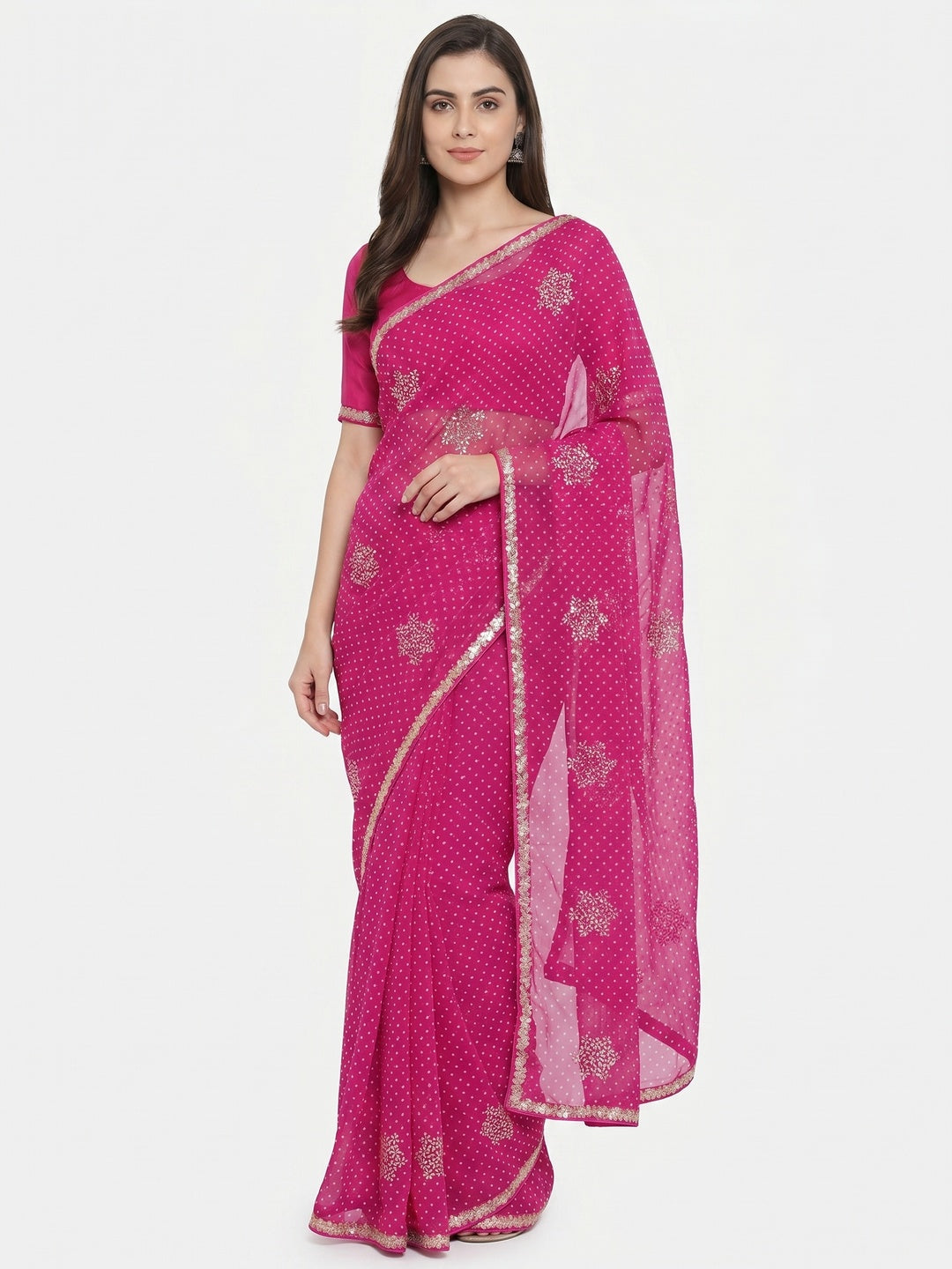 Rani Pink Printed Georgette Saree With lace Border - Image 1