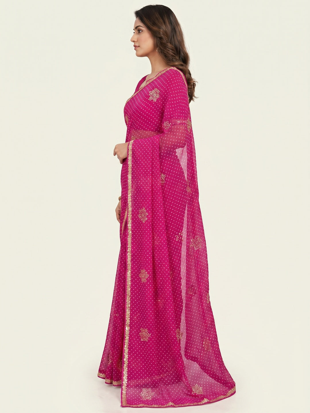 Rani Pink Printed Georgette Saree With lace Border - Image 2