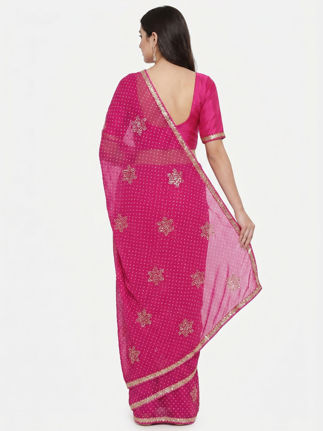 Rani Pink Printed Georgette Saree With lace Border - Image 3