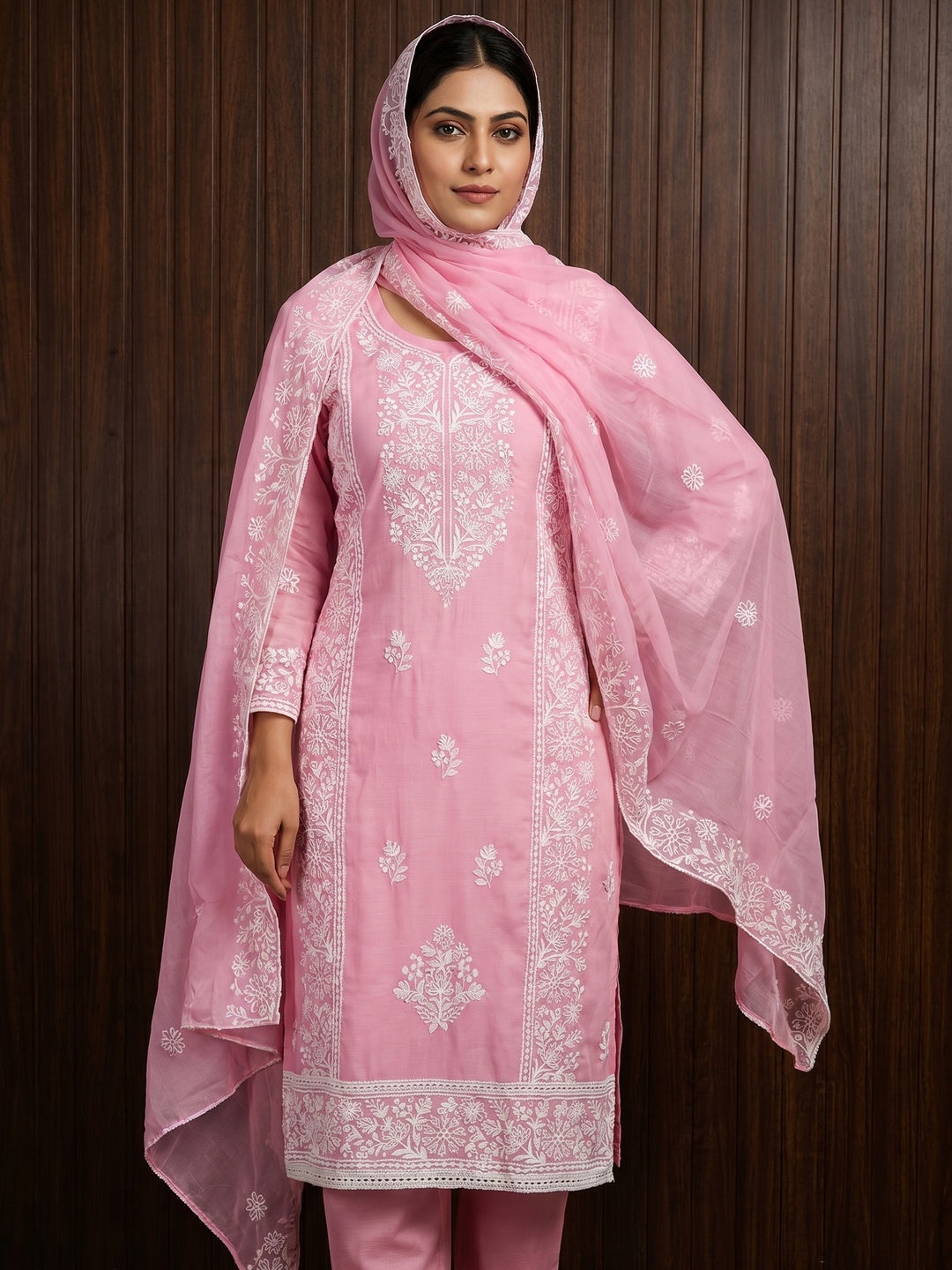 Pink Floral Embroidered Modal Dress Material - Image 1