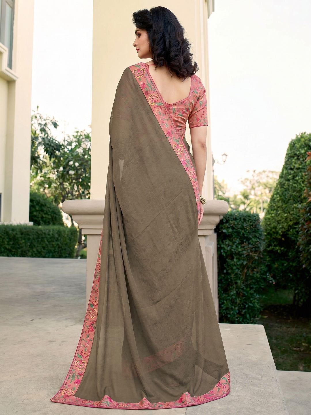 Brown Floral Digital Printed Georgette Saree - Image 1