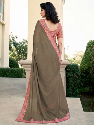 Brown Floral Digital Printed Georgette Saree - Image 1