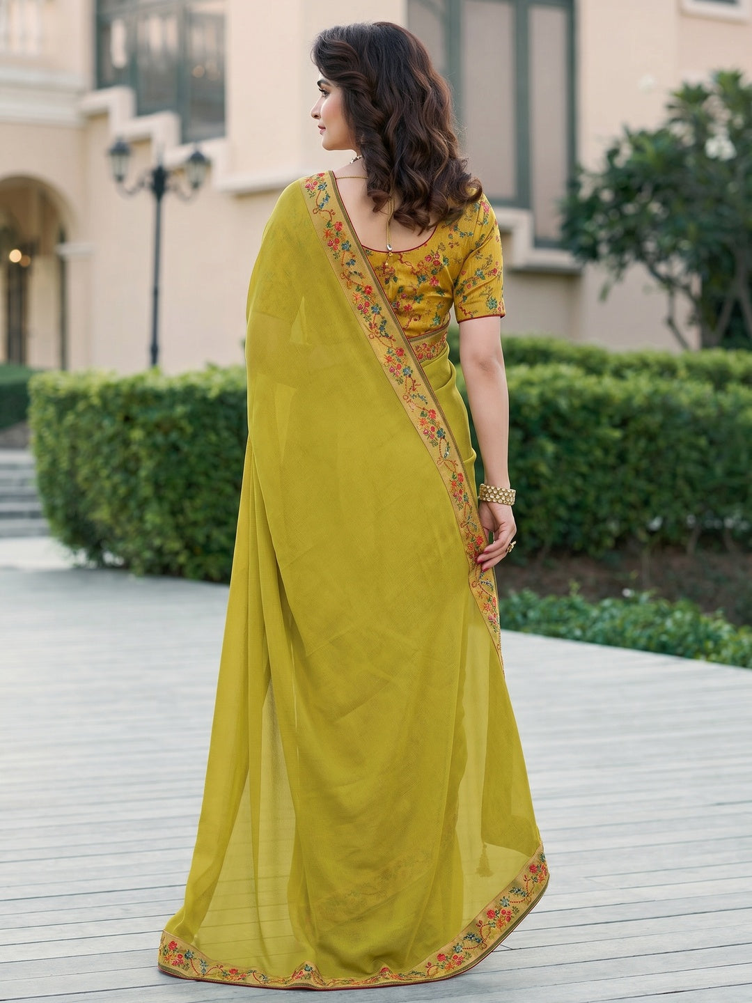 Olive Green Floral Digital Printed Georgette Saree - Image 1