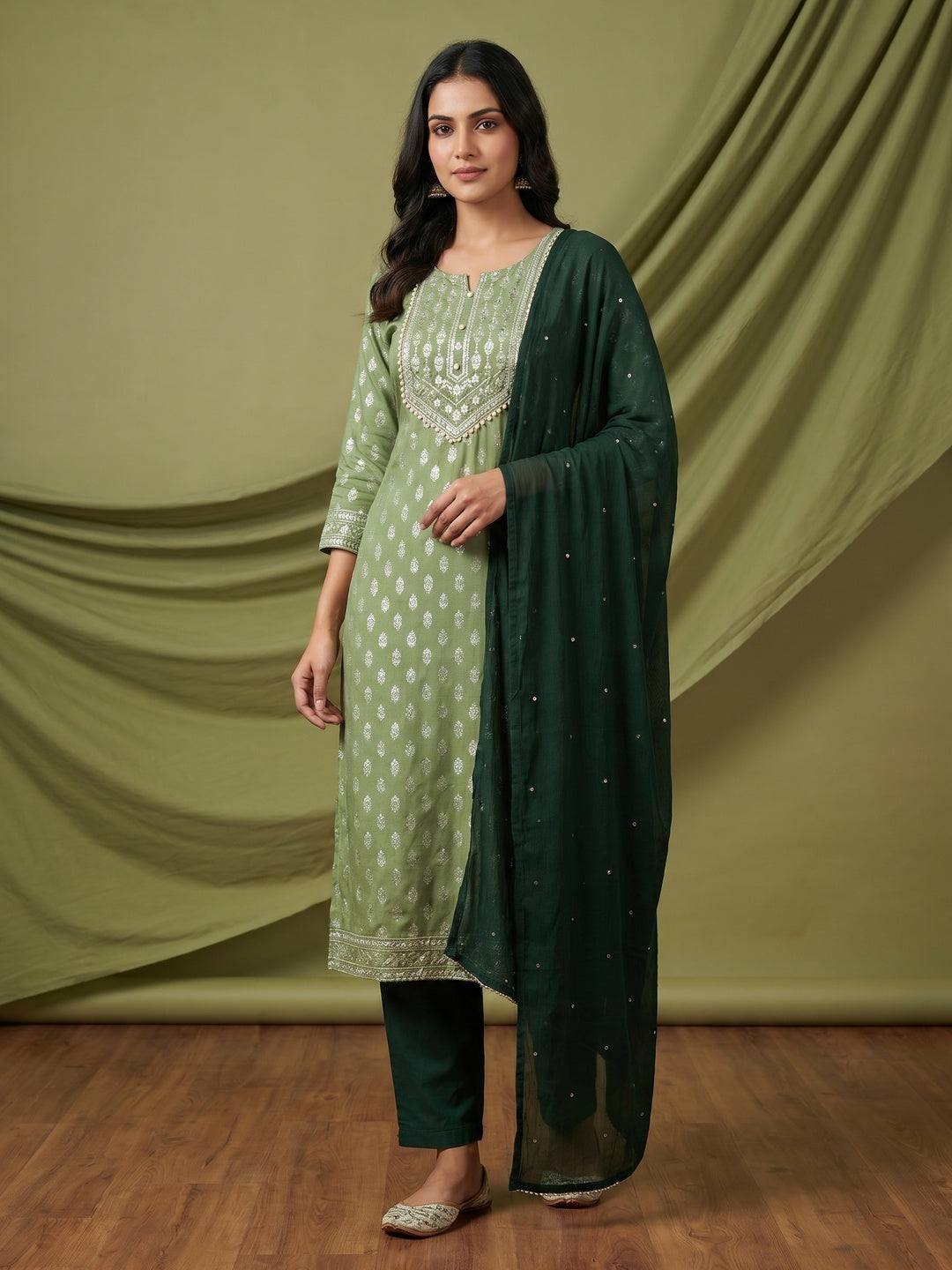 Green Foil Printed Rayon Dress Material - Image 1
