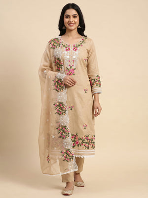 Chikoo Floral Embroidered Chanderi Dress Material - Image 1