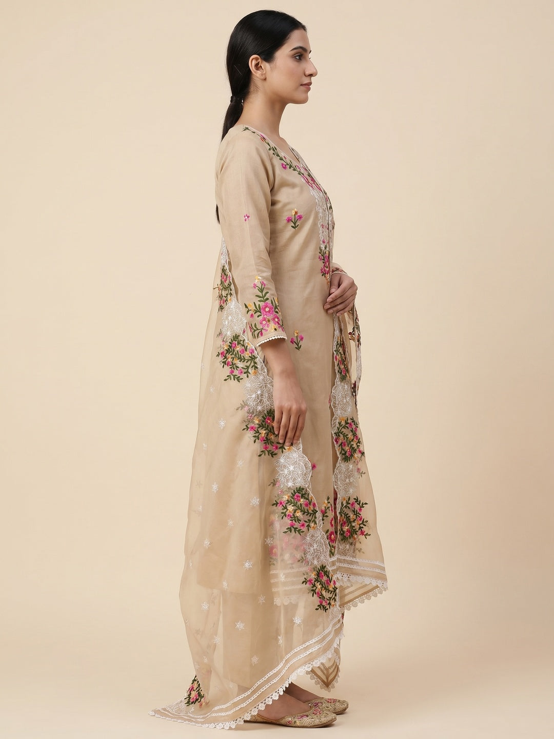 Chikoo Floral Embroidered Chanderi Dress Material - Image 3