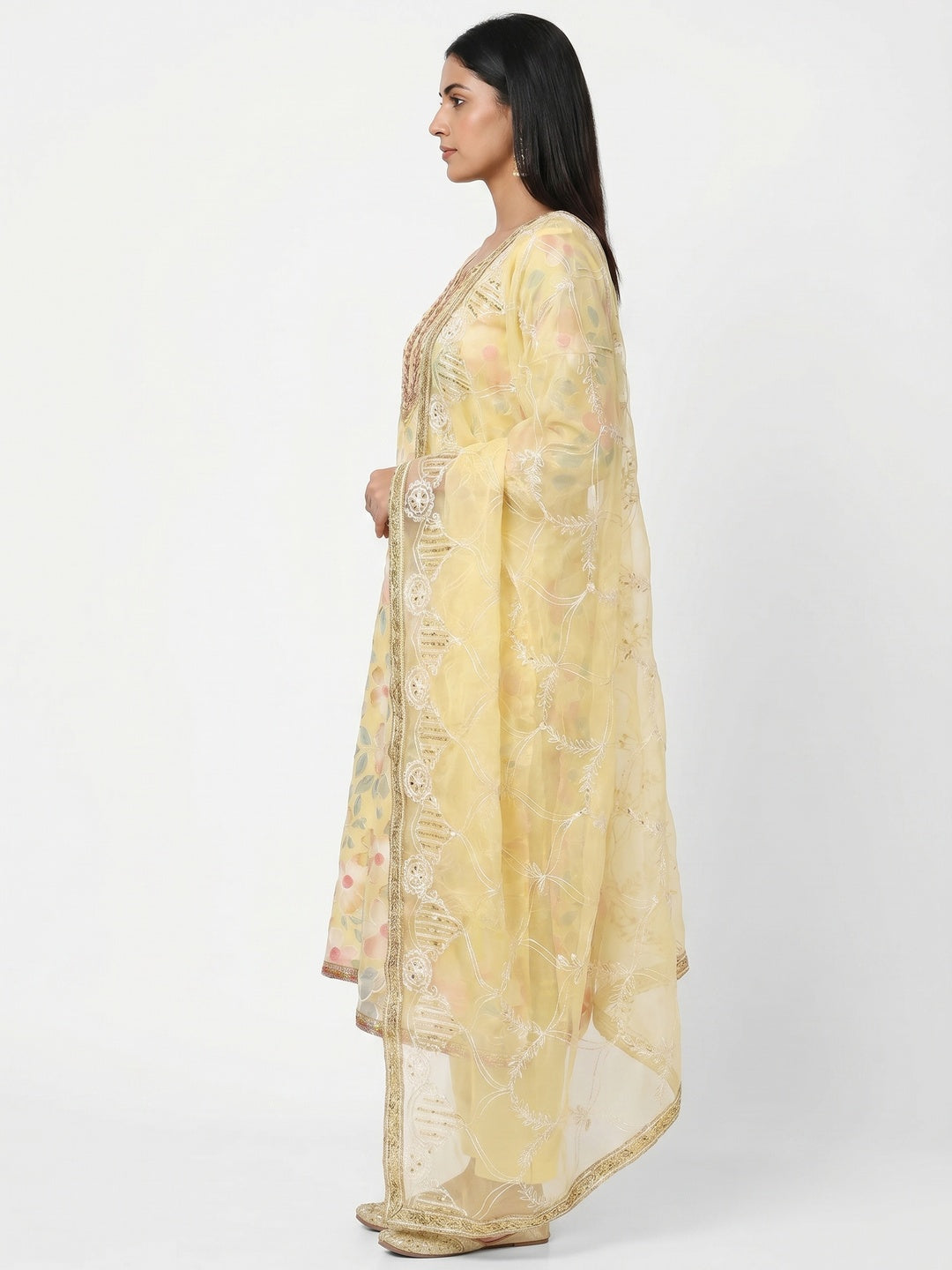 Yellow Printed With Handwork Organza Dress Material - Image 3