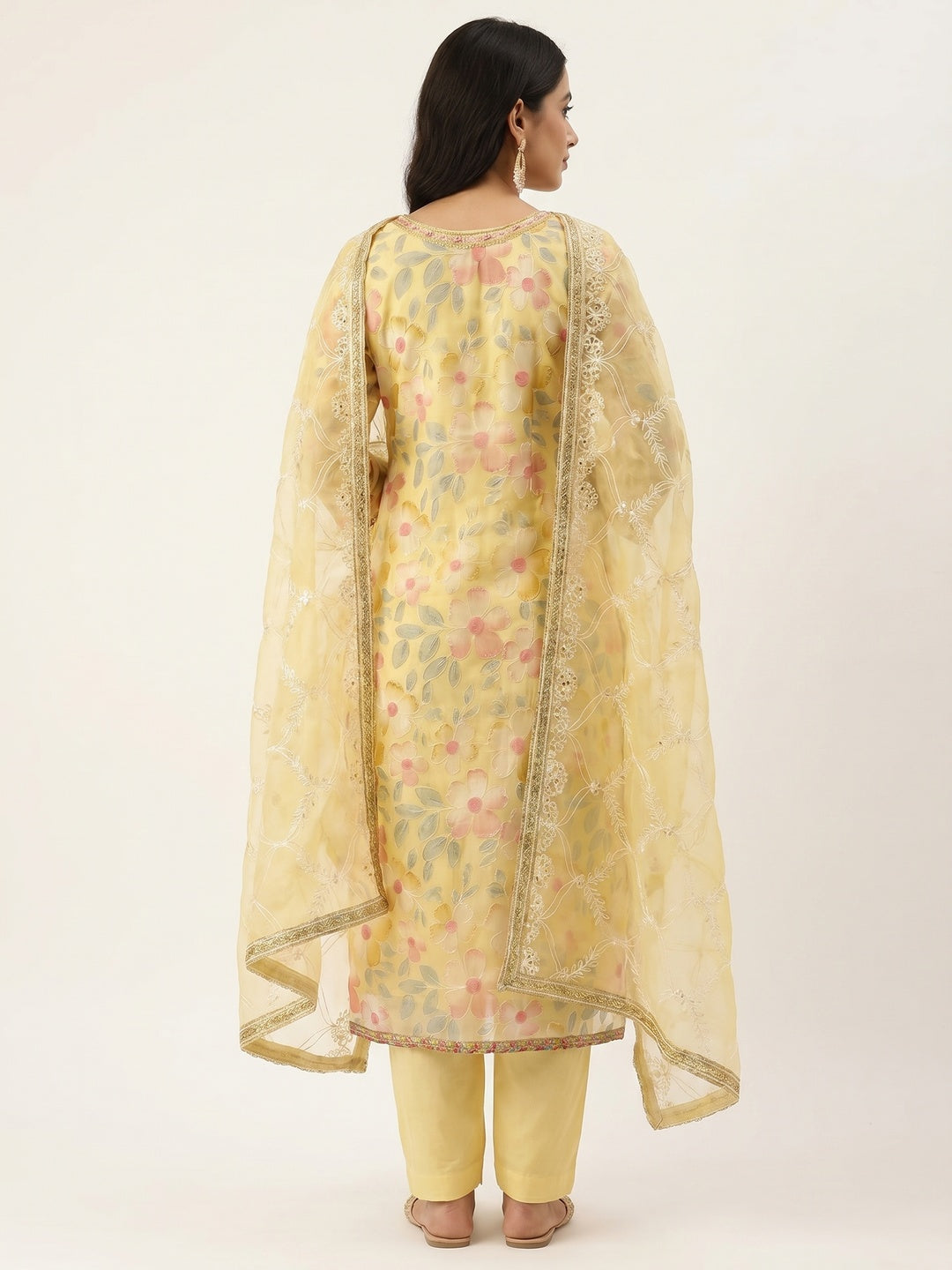 Yellow Printed With Handwork Organza Dress Material - Image 2