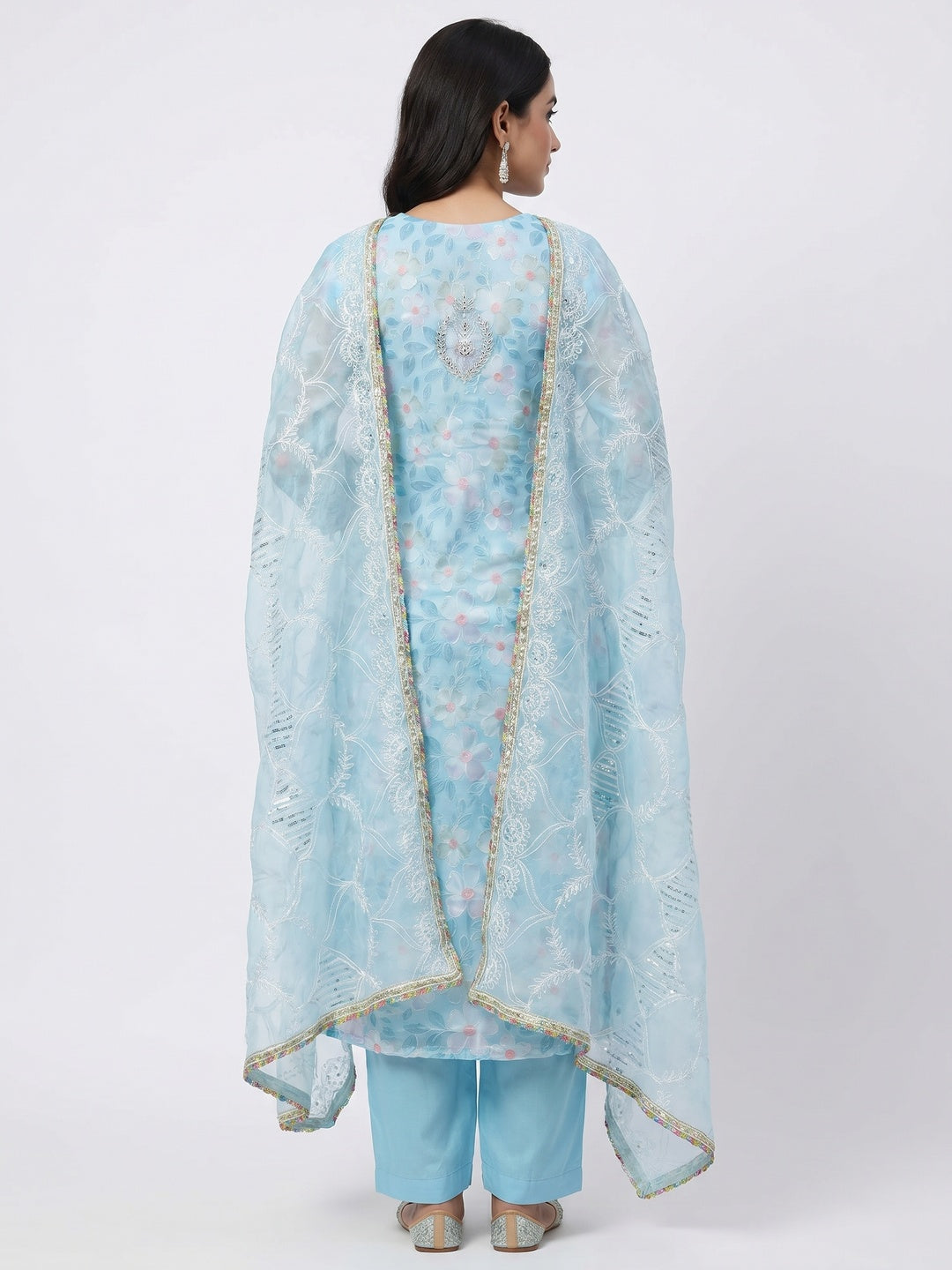 Blue Printed With Handwork Organza Dress Material - Image 2