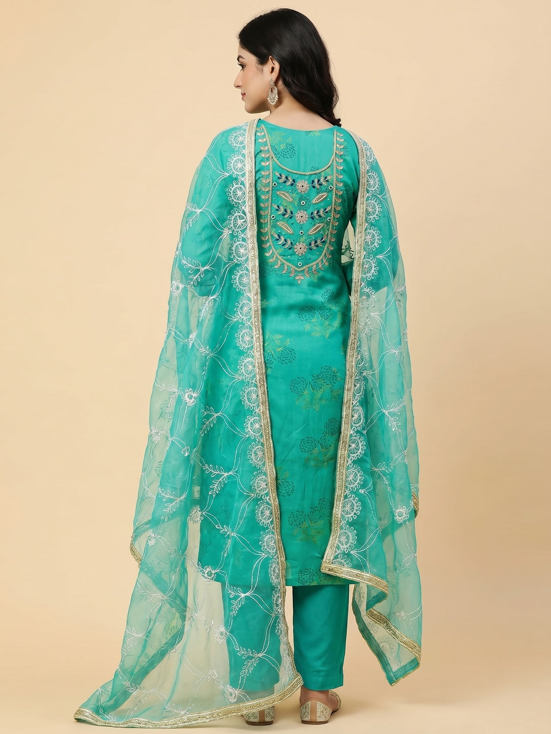 Rama Green Floral Printed Handwork Modal Dress Material - Image 2
