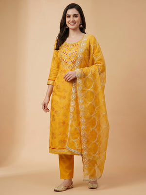 Yellow Floral Printed Handwork Modal Dress Material - Image 1
