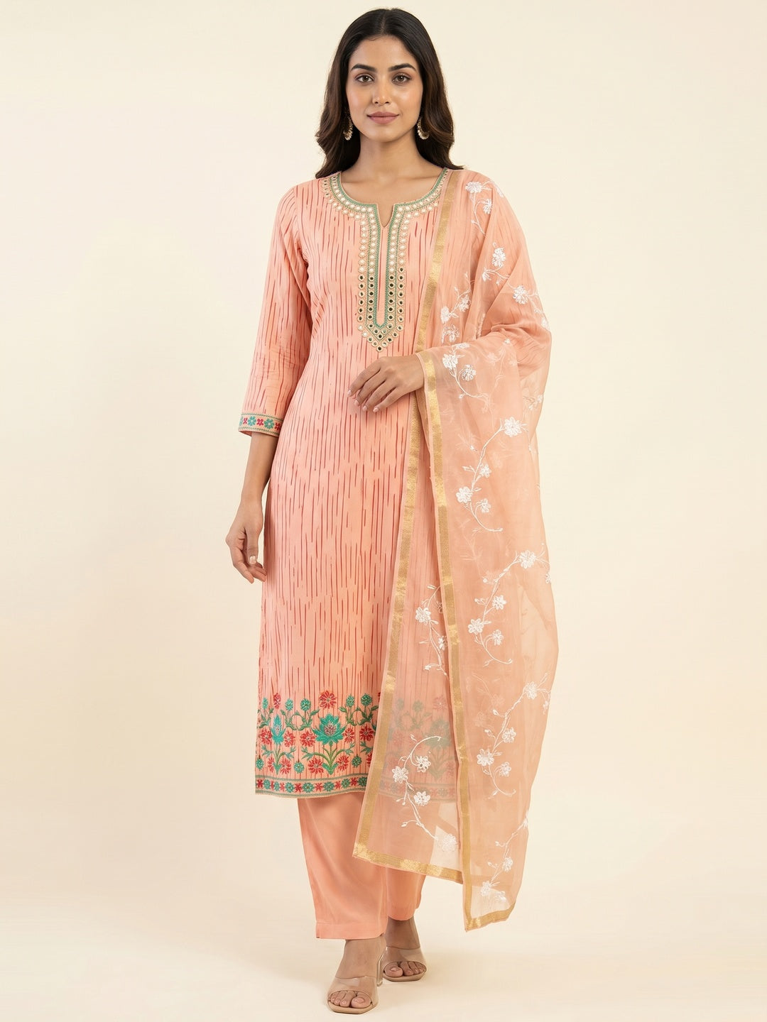 Peach Floral Printed Modal Dress Material - Image 1