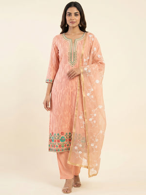 Peach Floral Printed Modal Dress Material - Image 1